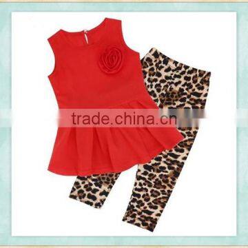 2017 Children clothing sets red tunic flower decorate top leopard print ceramic fiber clothing