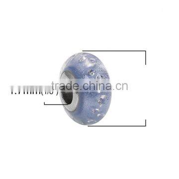 Lampwork Glass & Cubic Zirconia European Style Large Hole Charm Beads Round Blue Clear W/ Stainless Steel Silver Tone Core photo-2