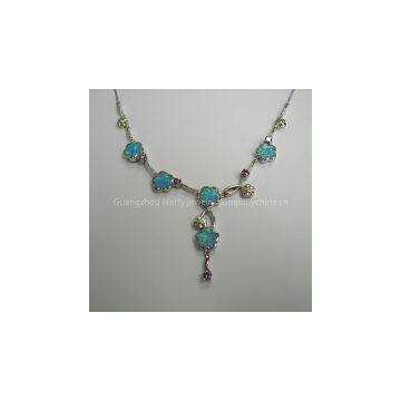 925 STERLING SILVER NECKLACE WITH SYNTHETIC OPALS & AMETHYST012025