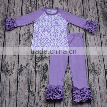 Zhihao promotion Wholesale girls clothing 2pcs long sleeve raglan clothes with icing pants purple kids boutique outfits autumn