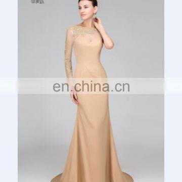 Elegant HMY-S167 Real Model Customized Satin Tulle Long Sleeve One Shoulder Beaded Applique Sheath Prom Dress 2017