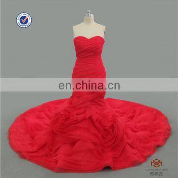 HMY-E0441 Sweetheart Ruffled Top Sheath Mermaid Long Train Ruffled Red Wedding Dress Organza