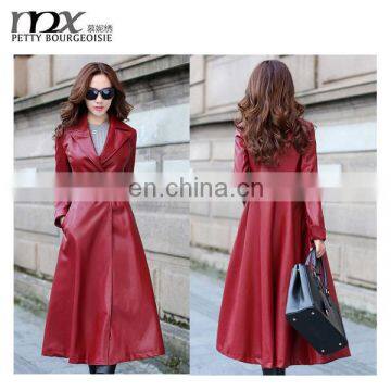 New arrival high end elegant PU leather women winter trench coat