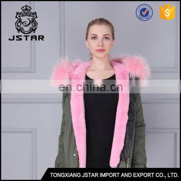 Charming design ladies outwear raccoon fur trim fur coat for woman