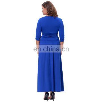 Hanna Nikole Women's Solid Color Plus Size 3/4 Sleeve V-Neck Blue Evening Party Dress HN0023-3 photo-5