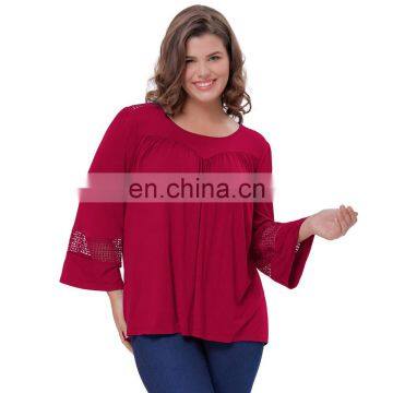 Hanna Nikole Women's Casual Loose Comfortable Flared Sleeve Crew Neck Wine Tops Plus Size 0X~3X HN0024-2