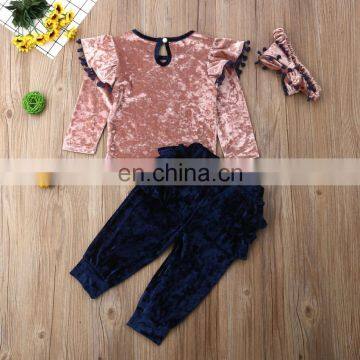 RTS Crushed Velvet Girls Ruffle Sets Little Girl Fall Clothing For Kids photo-3