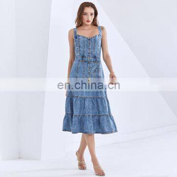 TWOTWINSTYLE Square Collar Sleeveless High Waist Cross Sling Midi Ladies Denim Dresses photo-4