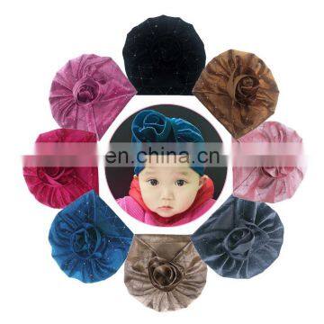 2020 New Sweet Kids Velvet Indian Turban Hats Cap Shiny Big Flower Beads Hat photo-2