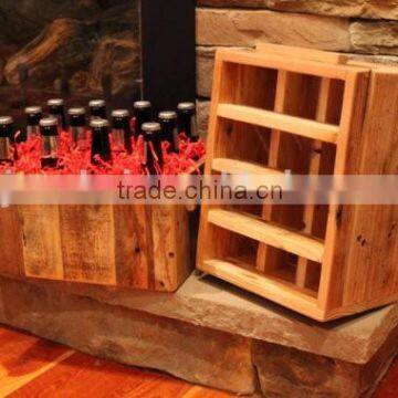 Rustic Stain Color 12 Bottles Solid Wooden Beer Crate With Handle