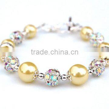 China supplier fashion diamond crystal bead link chain charm cheap glass fake pearl ball bracelet for kids