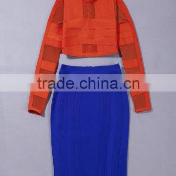 2016 New Summer Orande and Blue Two Pieces Set Mesh Long Sleeve Knee-length Sey Party Night Club Bandage Dress Wholesale photo-4