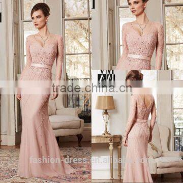 Luxury Nude Pink Long Sleeve Beaded Evening Dresses 2014