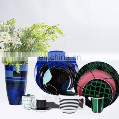 Geometric Green and Blue Modern Family Ceramic Coffee Mug Tea Cup Dinner Plate Ceramic Vase Cup For Porcelain Tableware Set