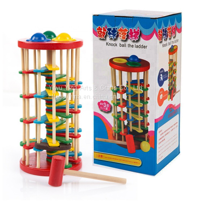 Creative Pound and Roll Wooden Tower with Hammer Knock the Ball Rolling Off Ladder Wooden Toys Early Education Toys