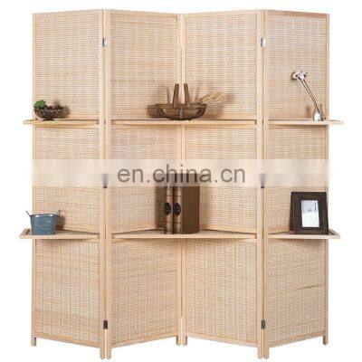 Deluxe Woven Beige Bamboo 4 Panel Folding Room Divider Screen With Storage Shelves