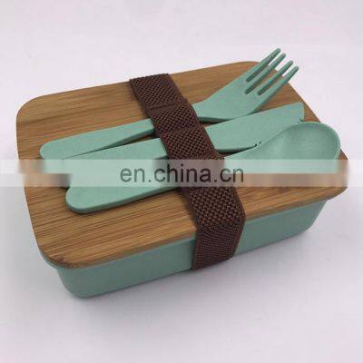 Eco Friendly Kids Dishwasher Safe Wheat Bamboo Fiber Lunch Box With Bamboo Lid,Knife,fork and Spoon Set