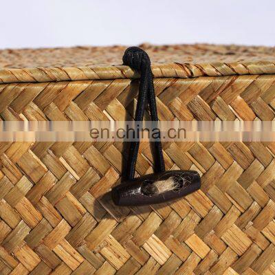 HBK Three Piece Set With Lid Square Handmade Natural Seagrass Storage Box for Sundries