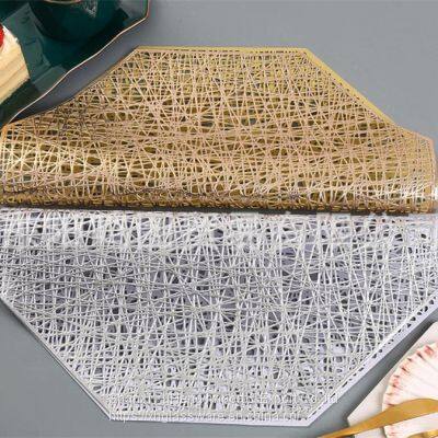 Cheap Metallic Golden Silver Rose Gold Colored Octagonal PVC Place Mats For Wedding Dinning Table photo-3