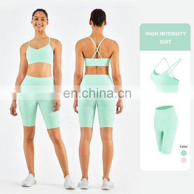 Ribbed Seamless Yoga Short Set Women Summer Activewear Sports Fitness Gym Yoga Bra Cross Back