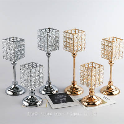 Luxury Gold Plate Crystal Candle Cup Metal Iron Square Pillar Candlestick Candle Holder Party Dinner Table Decorative photo-2