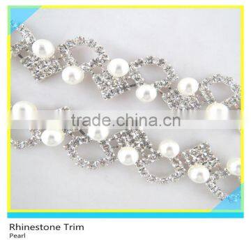 Fancy 888 Crystal Rhinestone and Pearl Trim Silver Chain For Bag Decoration