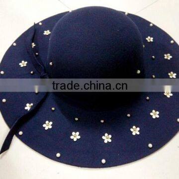 Fashion Women Flower Pearl Beaded Large Brim Trilby Fedora Hats With Ribbon