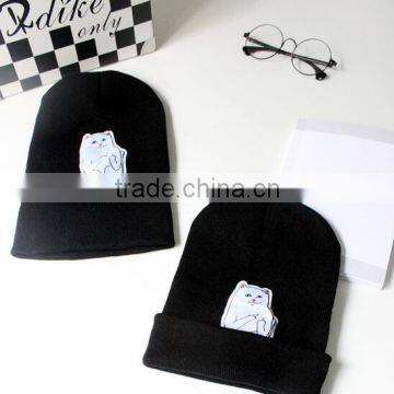 Star Same Style Cute Cat Pattern Rolled Brim Acrylic Knitted Cap for Man