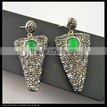 LFD-070E Wholesale Crystal Rhinestone Paved Green Malaysian Jade Arrows Dangle Earrings