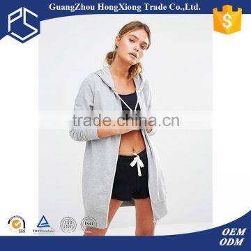 Grey cotton Zip opening Drawstring hood women wholesale plain hoodies