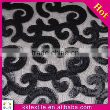 Fashion black PU leather sequin embroidery garment lace fabric