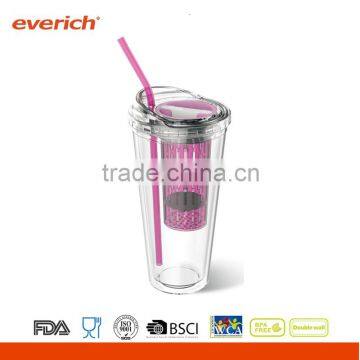 Double wall plastic tumbler with straw, fruit infuser and press