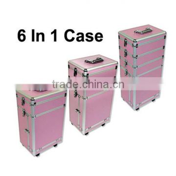 6 in 1 Portable Cosmetics Carry Case Makeup Box With Trolley- Pink ZYD-LG49