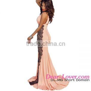 Pink Latest Halterneck Lace Trim Ladies Long Evening Party Wear Gown photo-2