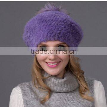 Light pink winter warm cap hat with fur pom genuine mink fur hat