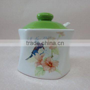 fine decal white with green lid Ceramic Sugar Jar with Spoon