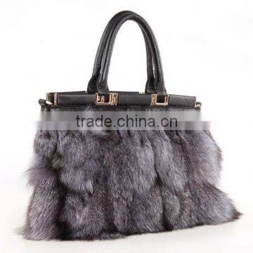 Wholesale Genuine Cow Leather Shoulder Bag with Fox Fur/Competitve Price Fur Bag