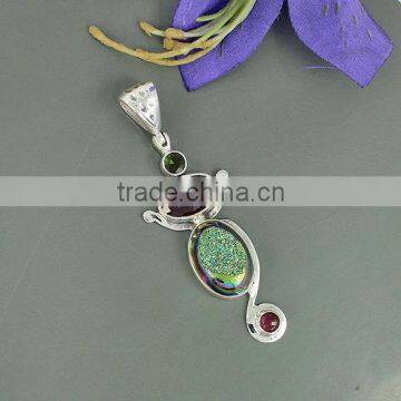 falak gems Titanium Druzy & Tourmaline Gemstone Pendant, Silver Jewelry, Bezel Set Pendant