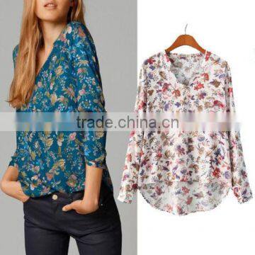 Women Print V-NECK Blouse Long-sleeve Top Shirt Lady Casual Shirt New Excellent