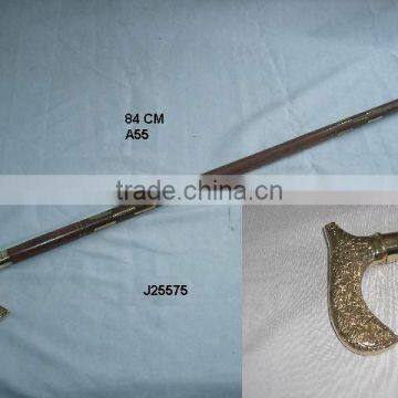 Floral Emboss Brass Handle Wooden Walking Stick