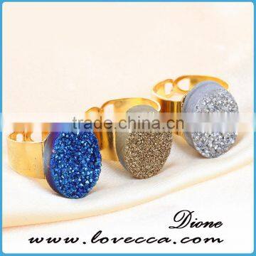 Wholesale Druzy Quartz Ring Blue Natural Druzy Agate Stone Round 10mm Gold