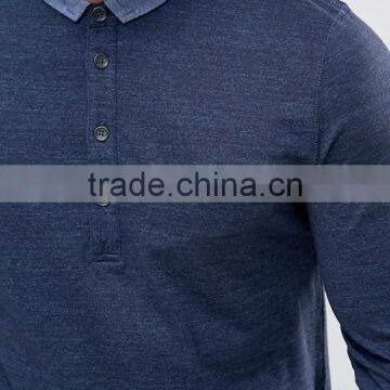 Long Sleeve Stitched Down Collar Four Button Placket Chest Pocket Navy Men's 100% Cotton Soft Jersey 220g Casual Polo T-Shirt photo-3