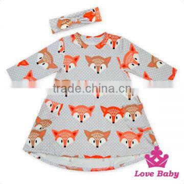 Super Cute Children Clothing Long SLeeve Fox Pattern Printed With Packet A-line Baby Girl Dress With Headband