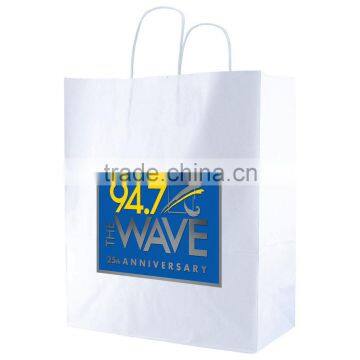 USA Made White Kraft Shopping Bag, dimensions are 14" x 9.5" x 16.25" and comes with your logo.