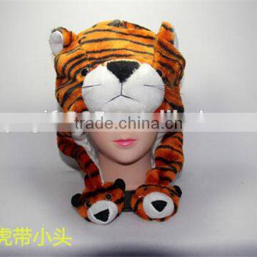 Tiger Plush Warm Hat Earmuff With Ear Poms Cartoon Animal Cap