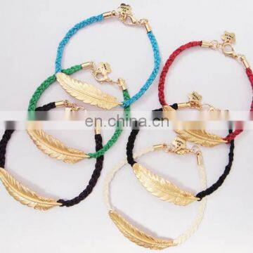 New Design Leather braid bracelet with metal leaf wholesale