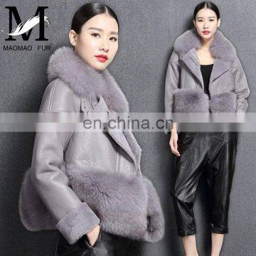 2016 Ladies Fashion Real Sheepskin And Big Fur Collar Jacket Korean Leather Jackets