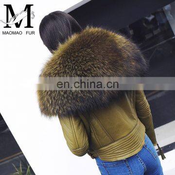 Winter Warm Fashion Real Large Raccoon Fur Collar Sheep Fur Coat / Genuine Merino Sheepskin Women's Leather Coat photo-4