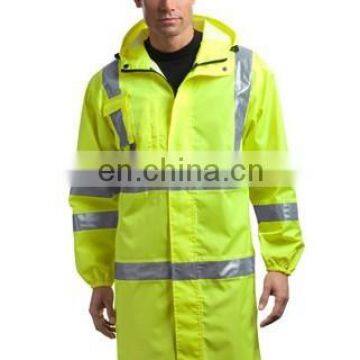 OEM bright green long sleeves rain coat /waterproof rain coat with reflective tape