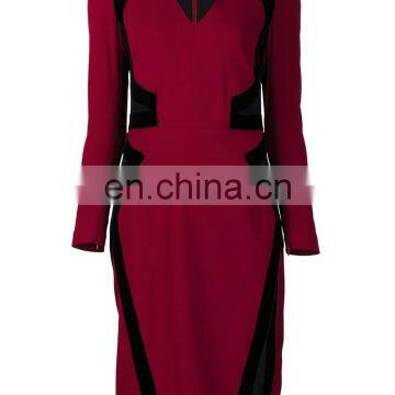 MIKA2450 V-neckline Red/Black Splice Dress